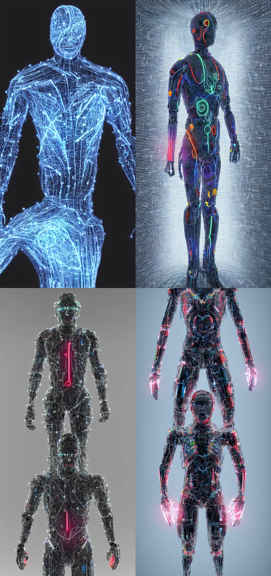 Prompt: humanoid in cyborg suit made of fiber optics, 8k, high detail, high res, red shift render