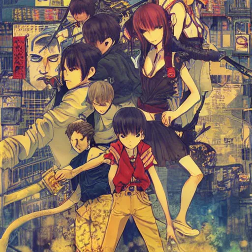 Image similar to The Banana Blue Gang, anime poster printed, Artwork by Akihiko Yoshida, cinematic composition
