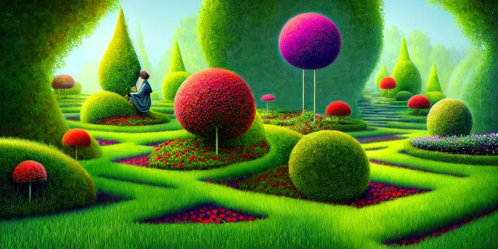 Image similar to Beautiful artwork garden of the future, overgrown with fir trees and plants, hedges, Topiary plants, Nice colour scheme, warm colour. Beautiful artistic digital artwork by artist Lurid. (2022), Gediminas Pranckevicius