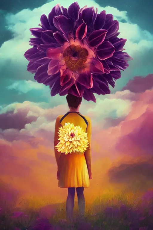 Image similar to closeup girl with giant dahlia flower as head, standing on mountain, surreal photography, blue storm clouds, dramatic light, impressionist painting, digital painting, artstation, simon stalenhag