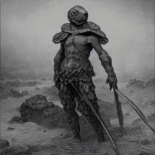 Prompt: anthropomorphic turtle hero by gustave dore