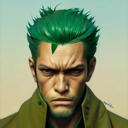 Image similar to highly detailed vfx portrait of roronoa zoro, stephen bliss, green hair, loish, rhads, beeple, makoto shinkai, tom bagshaw, alphonse mucha, sharp focus, art by artgerm and greg rutkowski, stanley kubrick, backlit, harsh overhead sunlight,