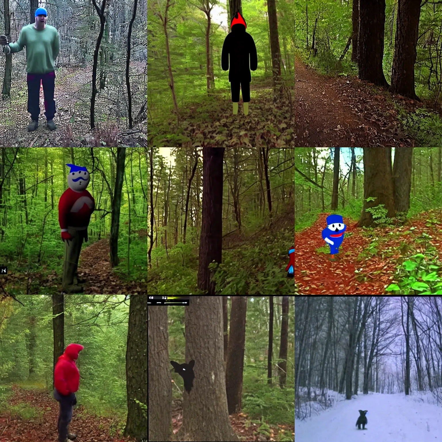 Prompt: creepy trail cam footage of Homestar Runner standing in the woods in the dark at midnight, clip from a sbemail video