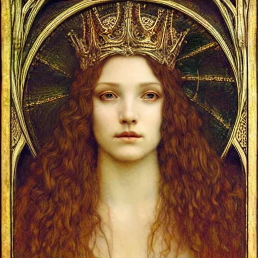 Image similar to detailed realistic beautiful young medieval queen face portrait by jean delville, gustave dore and marco mazzoni, art nouveau, symbolist, visionary, gothic, pre - raphaelite