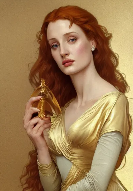 Image similar to sansa angeline jolie gessica chastain in gold, intricate, elegant, highly detailed, digital painting, artstation, concept art, smooth, sharp focus, illustration, art by artgerm and greg rutkowski and alphonse mucha and william - adolphe bouguereau