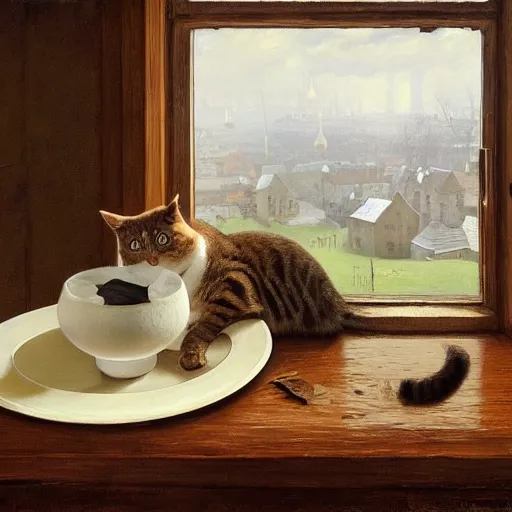 Prompt: cat drinking milk from a porcelain plate, in game pathologic 2, by jacek yerka, by levitan, oil on canvas, acrylic, digital art, royal academy, masterpiece, trending on artstation, cinematic composition, sharp, details, hyper - detailed, hd