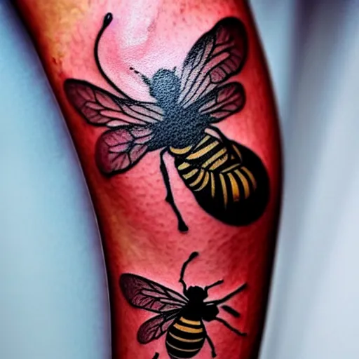Image similar to detailed tattoos in the style of bee movie on a female leg, crimson - black color scheme, wearing miniskirt, cinematic seductive lighting, beautiful composition