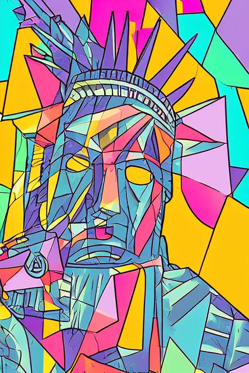 Image similar to cubist statue of liberty cutout digital illustration cartoon colorful beeple