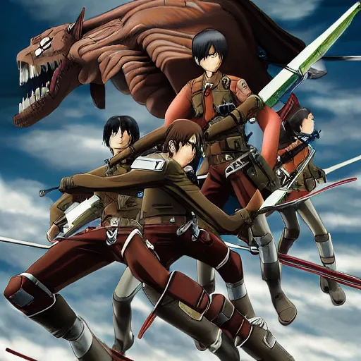 Prompt: titans from attack on titan attack the real world and fight the us military, highly detailed, digital painting, scifi, by hiromasa ogura