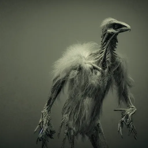 Image similar to a haunting human bird creature with broken limbs, horrifying ultra detailed photograph with dramatic lighting and fur and hair and bones and nightmares