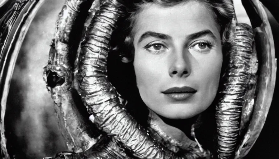 Image similar to film capture, young ingrid bergman as barbarella, exploring an alien planet. full colour. symmetrical face. symmetrical body. cinematic. 1 0 0 mm lens. realistic. photograph.