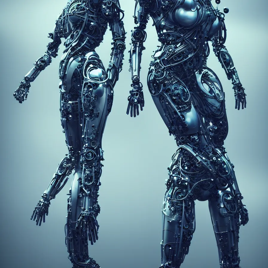 Prompt: full lenght shot, super hero pose, women in biomechanical dress, inflateble shapes, wearing epic bionic cyborg implants, masterpiece, intricate, biopunk futuristic wardrobe, highly detailed, artstation, concept art, background galaxy, cyberpunk, octane render