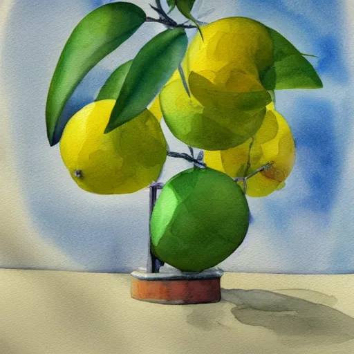 Prompt: surrealist lemon tree, trending on artstation, watercolor painting, cubism