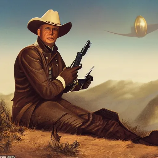 Image similar to colonial big game hunter sitting for a professional photo after shooting a large alien creature, matte painting, symmetrical, professional photo, wilderness behind