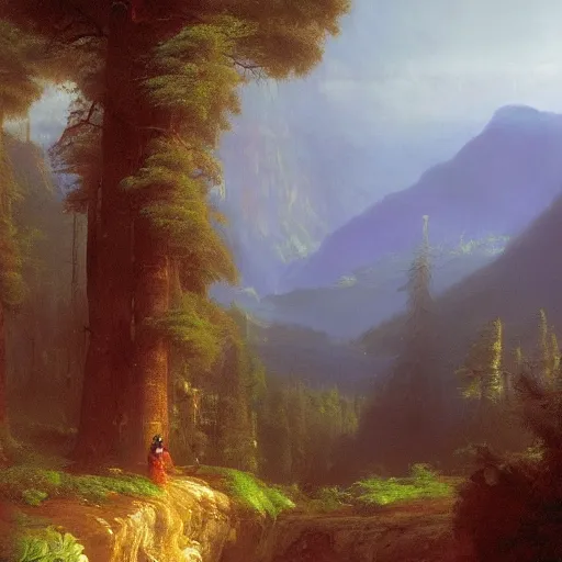 Prompt: gondola meme stands looking out at a peaceful morning forest after a rainstorm, gondola meme, forest, artstation, by thomas cole