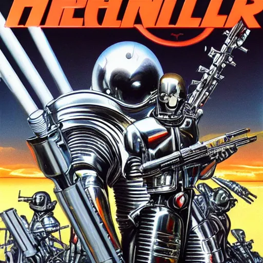 Image similar to 1 9 8 0's heavy metal album art, a shiny reflective detailed chrome android holding a giant rifle - style blaster rifle designed by ridley scott inside a 1 9 8 0's mall