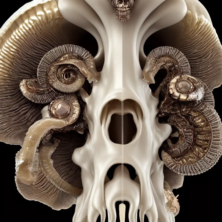 Image similar to goddess princess face close-up portrait ram skull. sculpture made of polished gold and matte obsidian. jellyfish phoenix head, nautilus, orchid, skull, betta fish, bioluminiscent creatures, intricate artwork by Tooth Wu and wlop and beeple. octane render, trending on artstation, greg rutkowski very coherent symmetrical artwork. cinematic, hyper realism, high detail, octane render, 8k