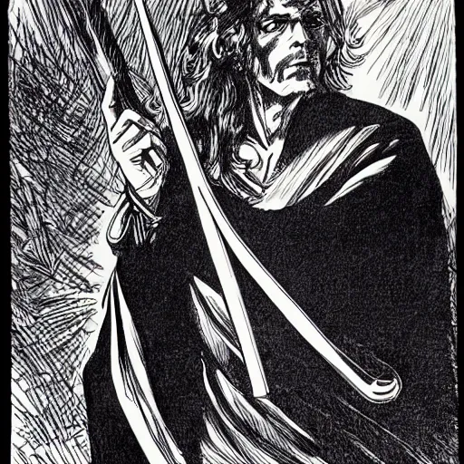 Prompt: mage holding a bentwood staff strikes a dramatic pose. pen and ink by larry elmore, 1 9 8 2