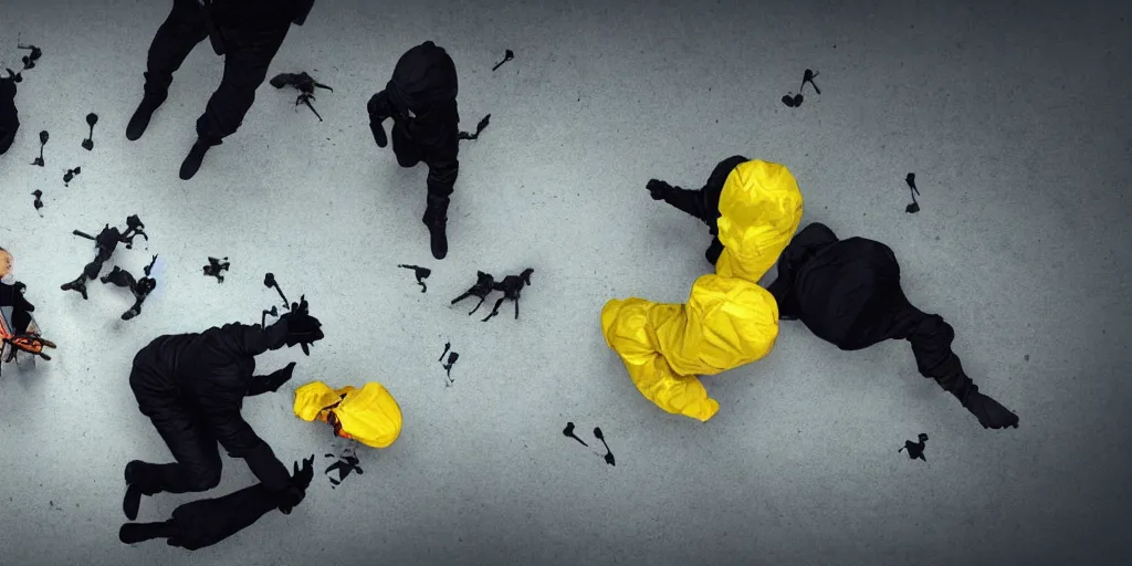 Image similar to woman wearing all black has shootout with staff, staff wearing hazmat suits, underground lab, sterile, unknown location, birds eye view, epic, light and shadows, concept art