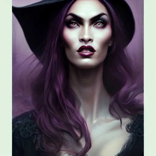 Image similar to an insanely detailed portrait of a beautiful witch that looks like megan fox with long dark purple hair, wearing black witch hat, in the style of peter mohrbacher, artgerm, dramatic lighting and composition, octane render, trending on artstation, concept art 8 k