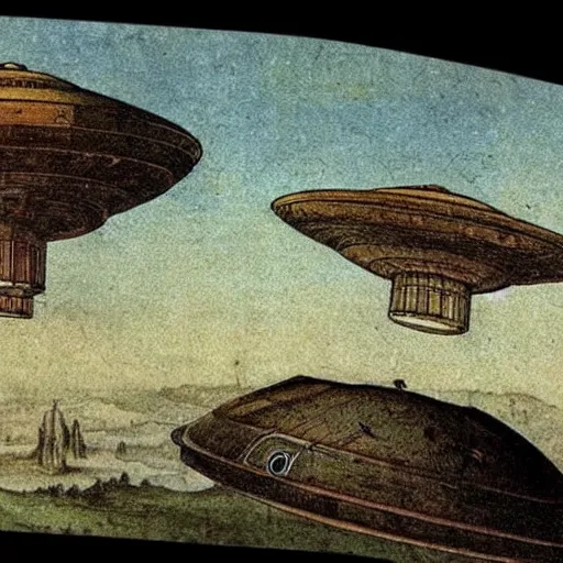 Prompt: vintage, detailed, colored sketch of ufo construction, all parts, with full descriptions, on parchment, by leonardo davinci!