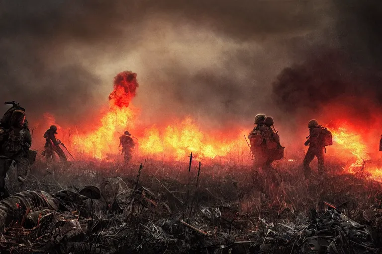 Image similar to chaotic battlefield, multiple soldiers on the ground!, thick dark smoke!, vehicles on fire, heavy rain from thick clouds, storm, overgrowth, (mushroom cloud) in the background, bleak, melancholy atmosphere, band of brothers, bf1942, 4k artwork by Gregory Crewdson and Grzegorz Domaradzki and Ivan Shishkin and Jakub Rozalski