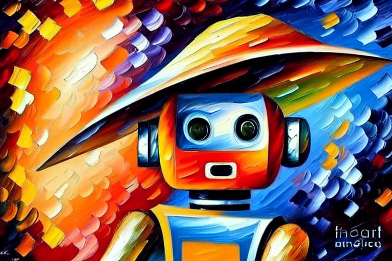 Image similar to a cute little robots painting by leonid afremov