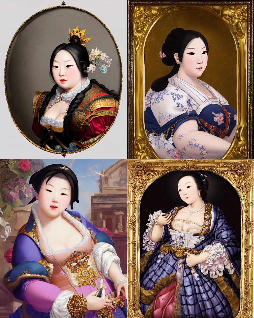 Prompt: Detailed Baroque painting of mei from overwatch as an regal noblewoman, checkered brocade dress made of crystals and ice, style of giotto and thomas kinkade, intricate, soft lighting, chubby big bosomy physique |