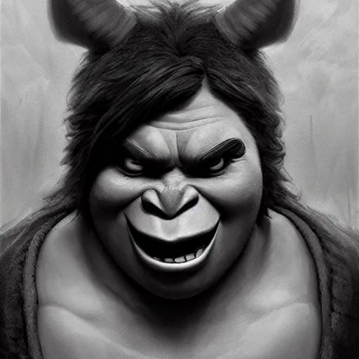 Image similar to noisy black and white shrek creepy face, highly detailed, digital painting, artstation, concept art, smooth, sharp focus, illustration, art by artgerm and greg rutkowski and alphonse mucha