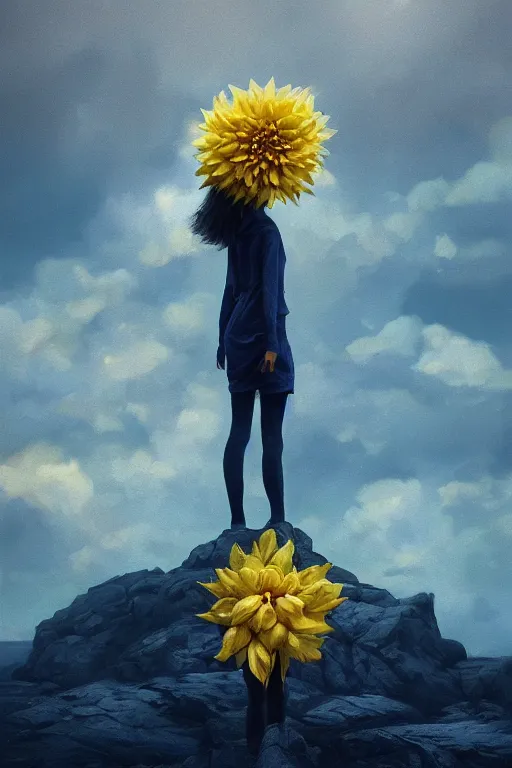 Image similar to closeup girl with huge yellow dahlia flower face, intricate, standing on mountain, surreal photography, blue storm clouds, dramatic light, impressionist painting, digital painting, artstation, simon stalenhag