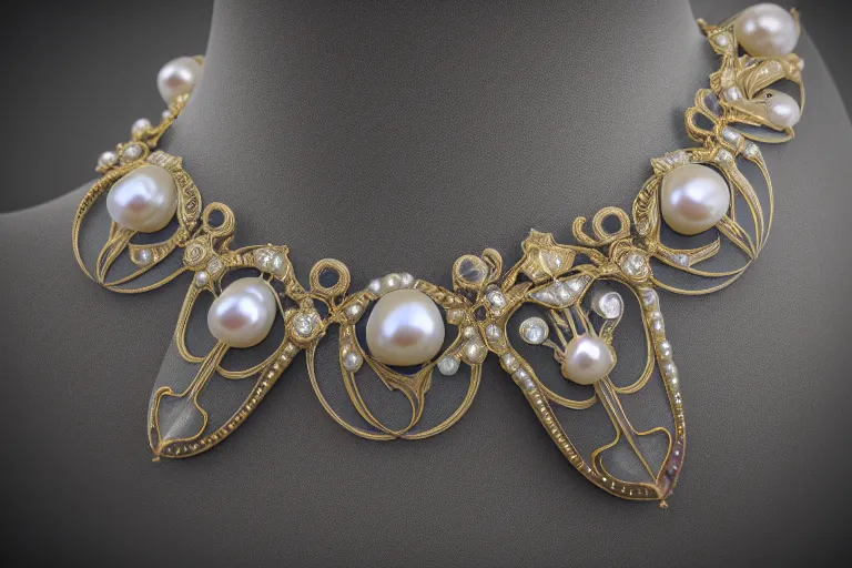 Image similar to historical, art nouveau, ornate, delicate, pearls and magical gemstones choker, around a neck, glowing inside, shiny precious metals, octane render, realistic, dramatic light, 3 d, photograph 4 k,