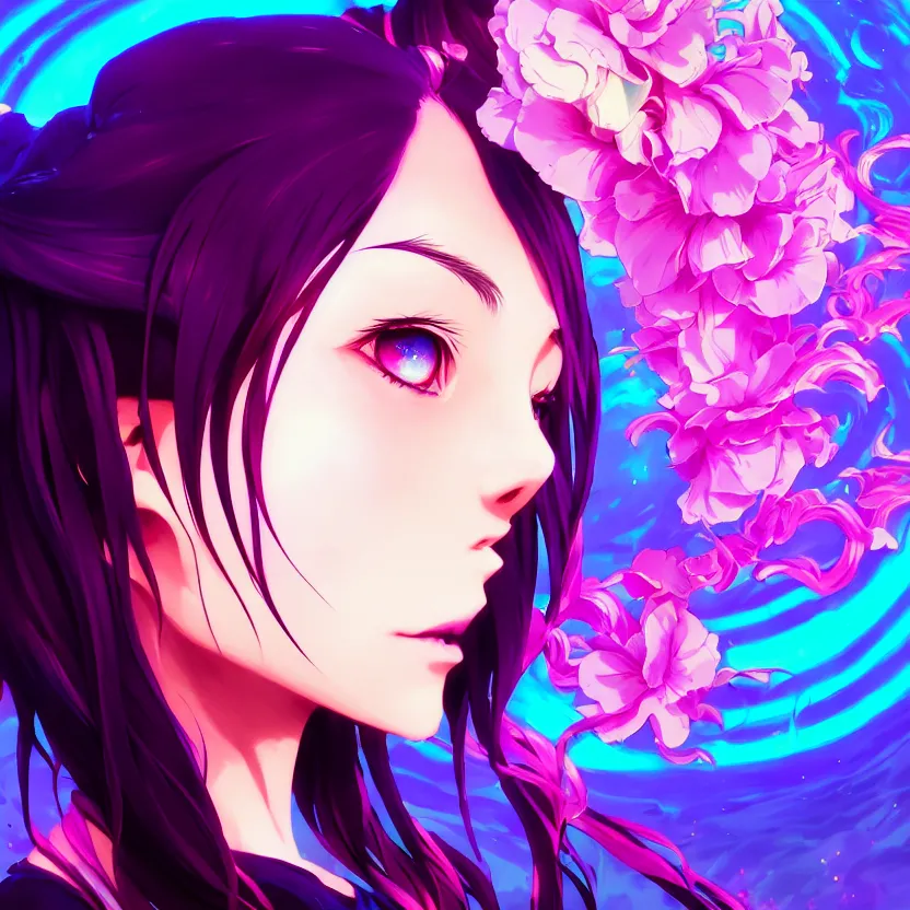 Image similar to side profile macro portrait of one cute modern gothic anime girl with synthwave flower background, gloomhaven, colorful swirly retrowave style fantasy portrait, by lois van baarle, sachin teng, greg rutkowski, jesper ejsing, ilya kuvshinov, extremely detailed digital art, trending on artstation, masterpiece 8 k,