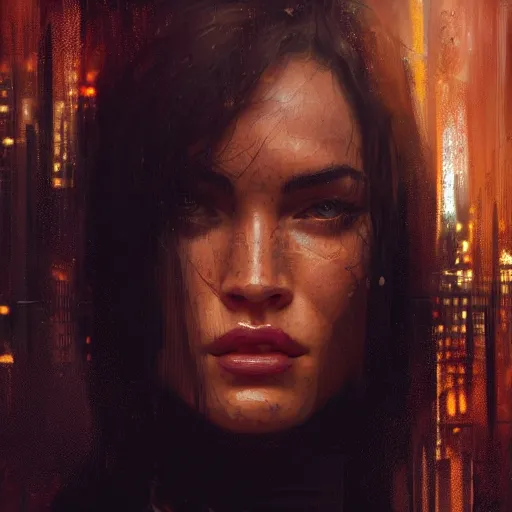 Image similar to megan fox, hyperrealistic portrait, bladerunner street, art of elysium by jeremy mann and alphonse mucha, fantasy art, photo realistic, dynamic lighting, artstation, poster, volumetric lighting, very detailed face, 4 k, award winning