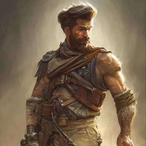 Image similar to portrait of a rugged male ranger, D&D, fantasy, intricate, muscular, highly detailed, digital painting, artstation, concept art, smooth, sharp focus, illustration, art by artgerm and greg rutkowski and alphonse mucha