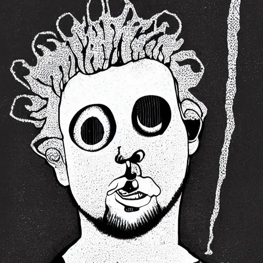 Prompt: daniel johnston in the style of daniel johnston and outsider art, acid, minimal, thick black lines, line brush, 4k