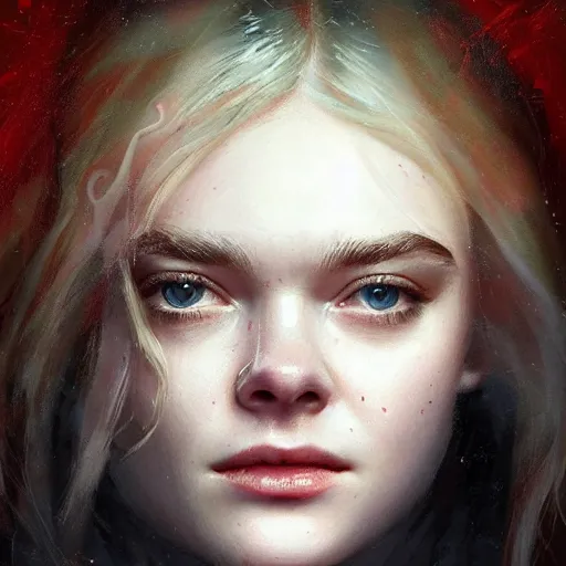 Image similar to professional painting of Elle Fanning wearing a black cultist robe and holding fire in the style of Craig Mullins, head and shoulders portrait, symmetrical facial features, smooth, sharp focus, illustration, intricate, stormy weather, extremely detailed masterpiece,