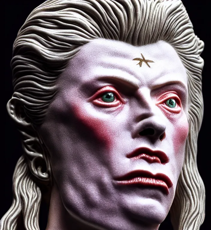 Image similar to David Bowie from labyrinth , A Close up photo-real delicate ceramic porcelain sculpture of a symmetrical ornate detailed in front of an intricate background by Victo Ngai and takato yamamoto, micro detail, backlit lighting, face in focus, subsurface scattering, translucent, thin porcelain, octane renderer, colorful, physically based rendering, japanese pottery, trending on cgsociety