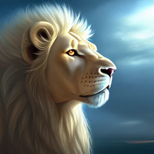 Image similar to a beautfiul aesthetic commission portrait of a anthro albino lion looking at the sky worried,attractive beautiful face,detailes face,expression,natural lighting,fantasy art,deviantart,artstation,character design by charles bowater,ross tran,4k,photorealistic,heaven-like,greg rutkowski