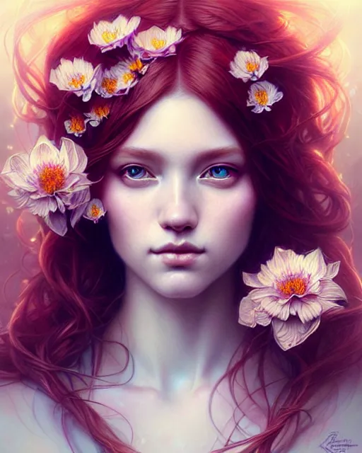 Image similar to Hyperrealistic beautiful and playful ethereal ginger portrait, art nouveau, fantasy, intricate flower designs, elegant, highly detailed, sharp focus, art by Artgerm and Greg Rutkowski and WLOP