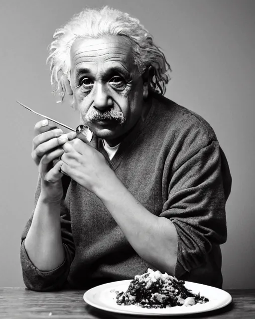 Prompt: A photo of Albert Einstein eating biriyani, highly detailed, trending on artstation, bokeh, 90mm, f/1.4