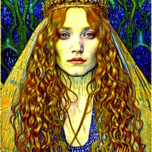Image similar to detailed realistic beautiful young medieval queen face portrait by jean delville, gustav klimt and vincent van gogh, art nouveau, symbolist, visionary, gothic, pre - raphaelite