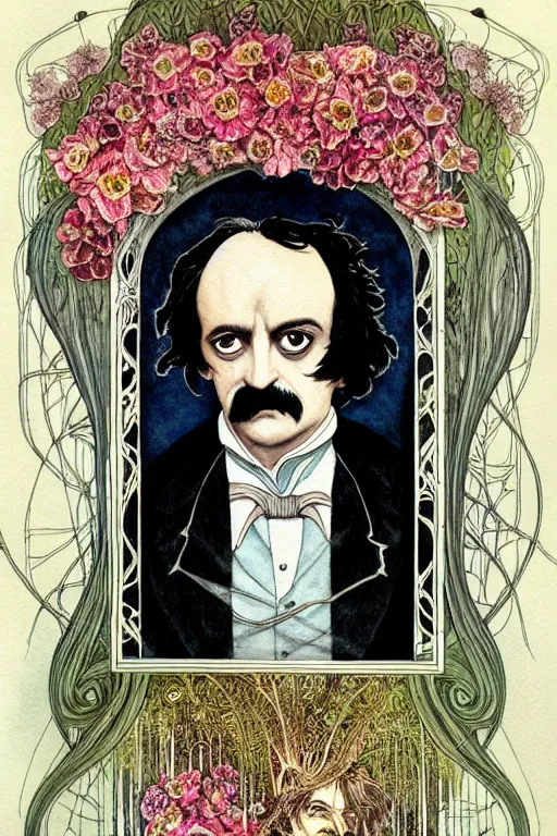 Image similar to realistic portrait of edgar allen poe in the center of an ornate orchid flower frame, detailed art by kay nielsen and walter crane, illustration style, watercolor