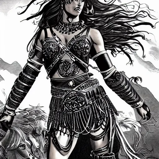 Prompt: greek amazon warrior, a tall beautiful woman with bronzed skin and long raven hair, dressed in leather and hellenistic armour, intricate, elegant, highly detailed, smooth, sharp focus, detailed face, high contrast, graphic novel, art by john cassaday,