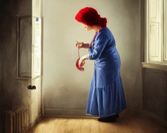 Prompt: an innocent and beautiful scene in hyper realistic style, about an old and lonely woman painting a huge colorful fish on the wall, lighting from the barred window. shadows. victorian dress. 4 k. wide angle. wild. red mouth, blue eyes. deep focus, lovely scene. ambient occlusion render. unreal engine.