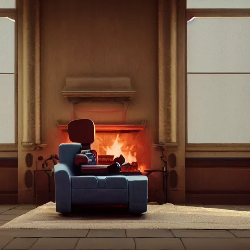 Prompt: Lonely and depressed robot sitting on a couch in front of a large fireplace in a Victorian home in the future. octane render, extremely detailed, 10000K color temperature cinematic lighting, 8k, lens flare, cinematic movie photograph, closeup portrait, trending on artstation, cgsociety, award-winning art, by Simon Stalenhag.