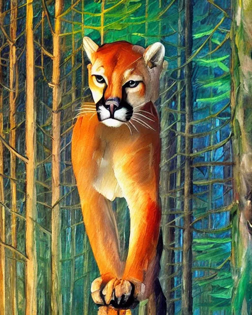 Prompt: cougar in forest at night, shot from drone, grainy, photo by leonid afremov, polaroid