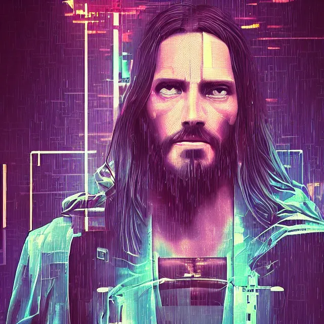 Image similar to glitch art of cyberpunk jesus h. christ trending on artstation deviantart pinterest photorealistic hd 8 k highlights and shadow detailed high resolution