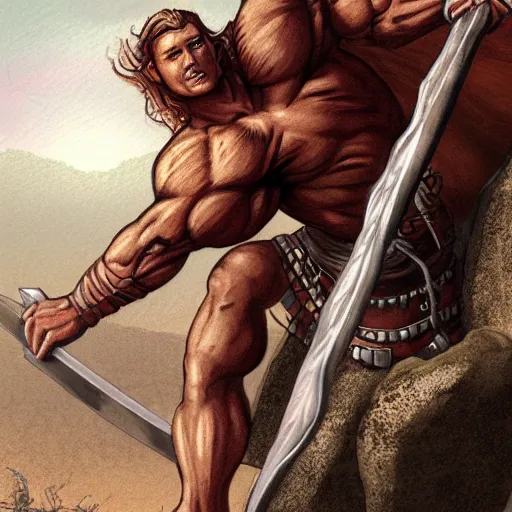 Prompt: muscular human barbarian on mars, standing on boulder, sword and sorcery illustration
