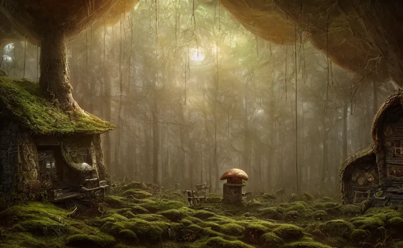 Image similar to A mushroom house in a tall mushroom, small door and windows in the mushroom, warm light coming from the windows, in a dark forest, macro, cool tones, underexposed, overecast, mysterious matte painting by greg rutkowski and marc simonetti and Ivan Shishkin, 4k
