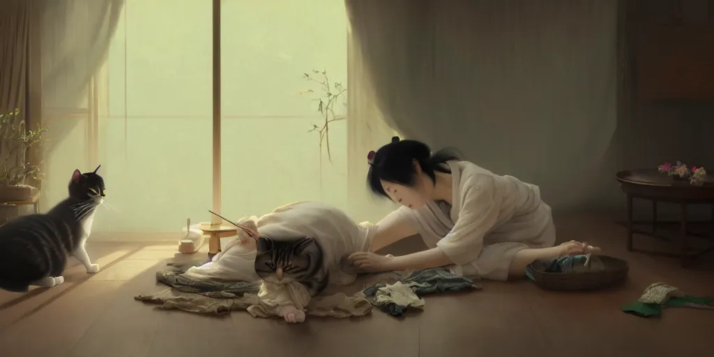 Image similar to japanese woman sewing on floor while a cat napping behind her, dim light, extremely detailed digital painting, in the style of fenghua zhong and ruan jia and jeremy lipking and peter mohrbacher, mystical colors, rim light, beautiful lighting, 8 k, stunning scene, raytracing, octane, trending on artstation